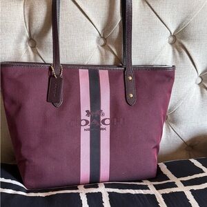 Coach Burgundy Tote with Pink and Black Center Stripes